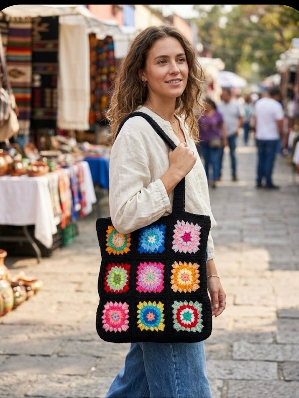 Handmade Black Crochet Floral Tote Bag - Colorful Square Motifs